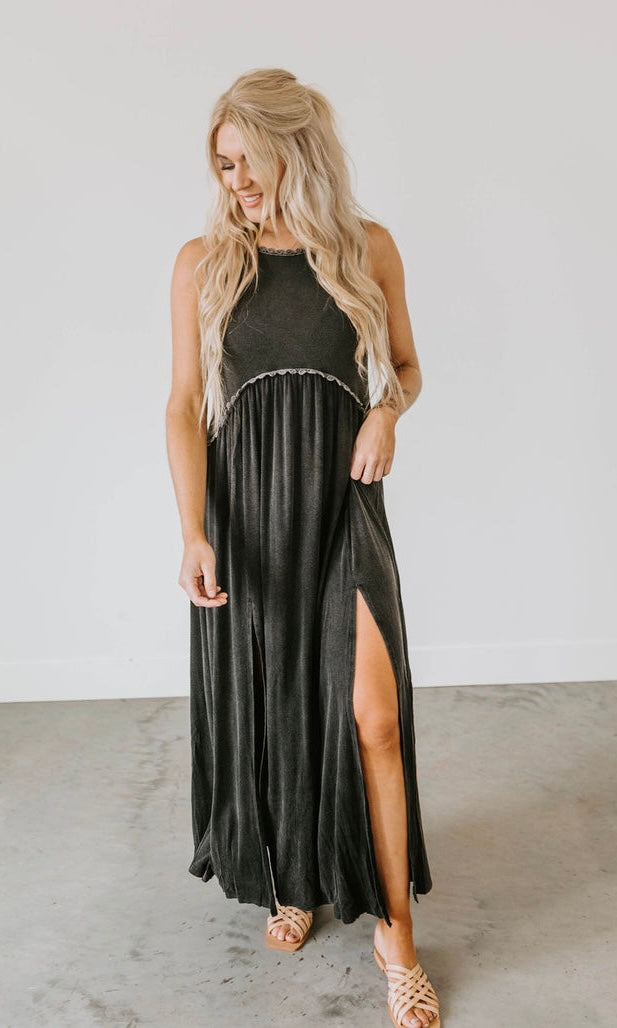 Stone Washed Side Slit Cut Out Maxi Dress