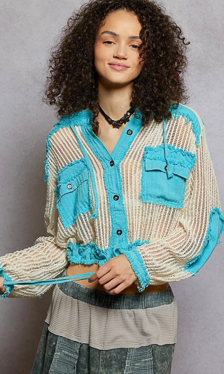 POL Texture Woven Button Down Hooded Shirt with Drawstring Hem