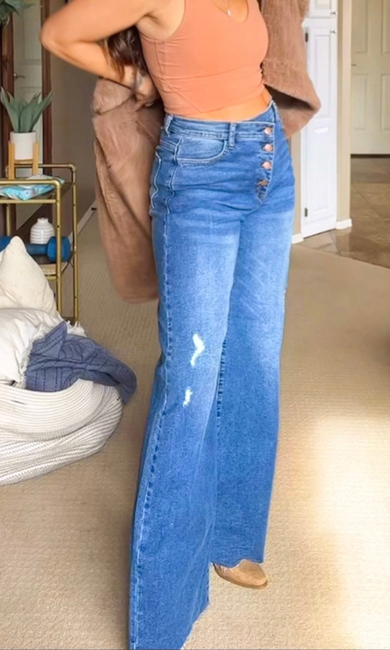 Criss Cross High Waisted Wide Leg Jeans