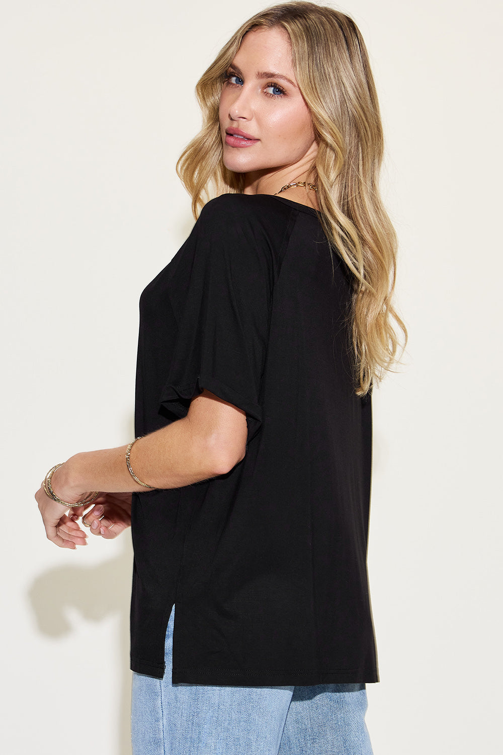 Bamboo Slit V-Neck Short Sleeve T-Shirt