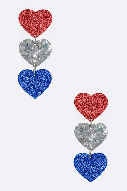 Patriotic Glitter Heart Drop Earrings