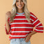 Stripe Bow Tie Hollow Back 3/4 Sleeve T-Shirt