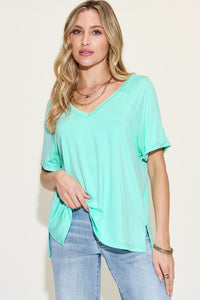 Bamboo Slit V-Neck Short Sleeve T-Shirt