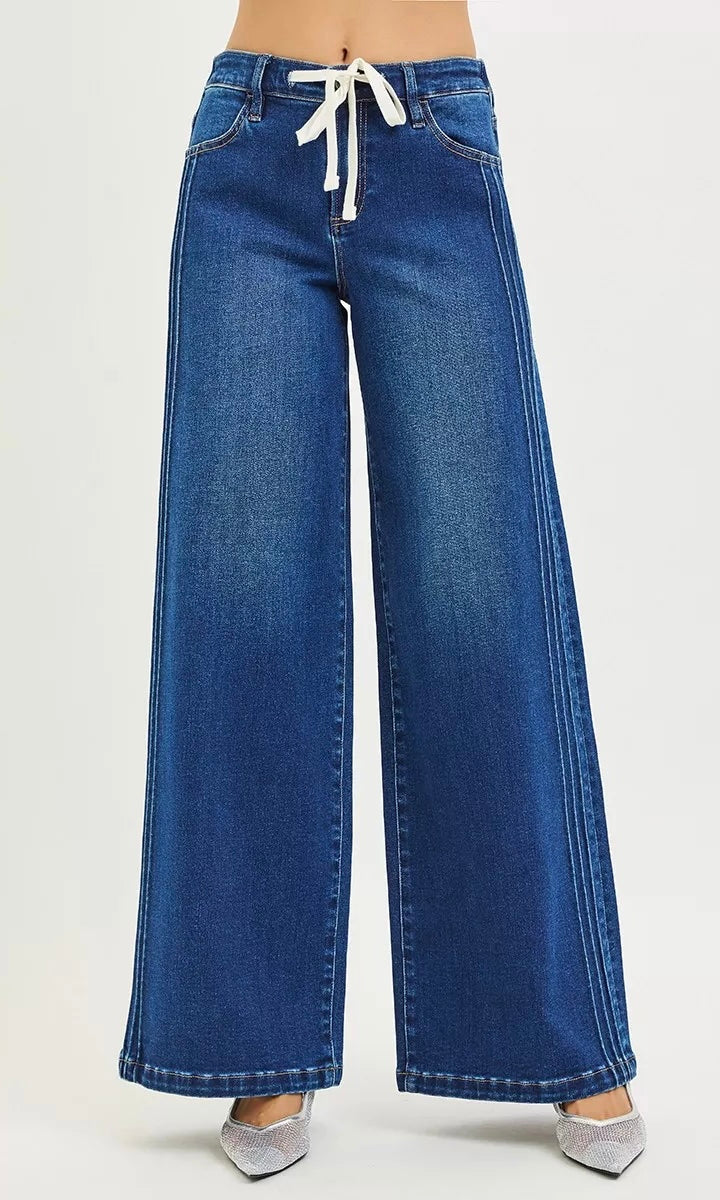 RISEN Mid Rise Wide Side Pintuck Jeans with Front Drawstring Plus Size