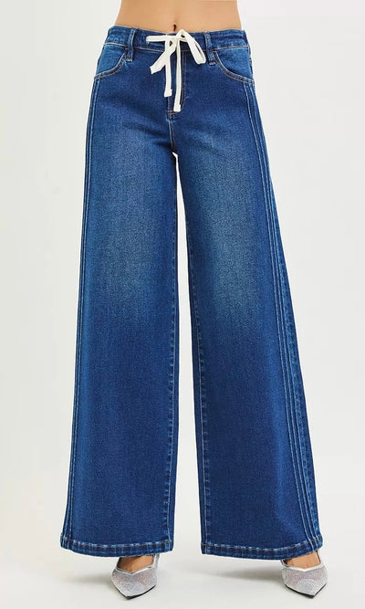 RISEN Mid Rise Wide Side Pintuck Jeans with Front Drawstring Plus Size