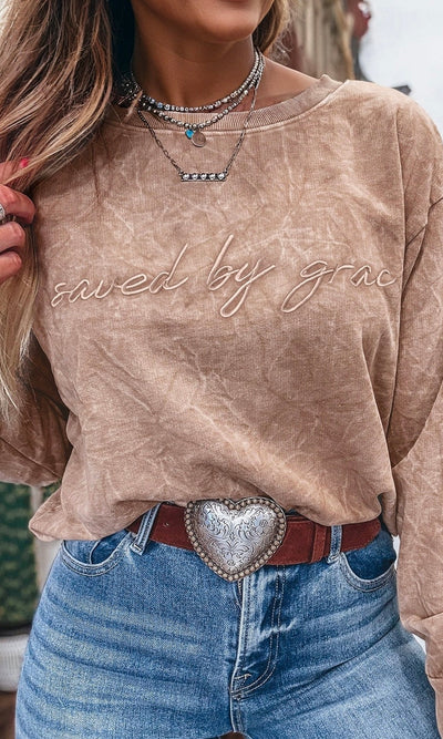 SAVED BY GRACE Embroidered Mineral Wash Sweatshirt