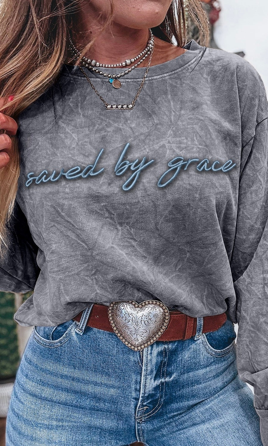 SAVED BY GRACE Embroidered Mineral Wash Sweatshirt
