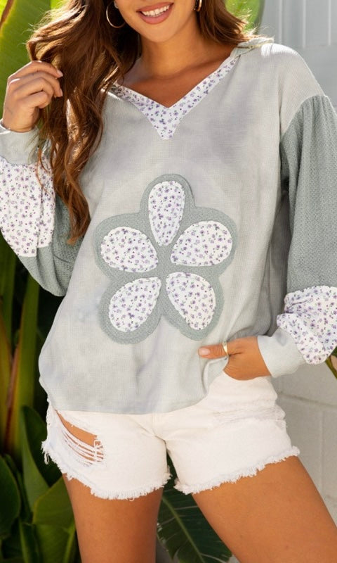 Floral Patchwork Waffle Textured V-Neck Hooded Top
