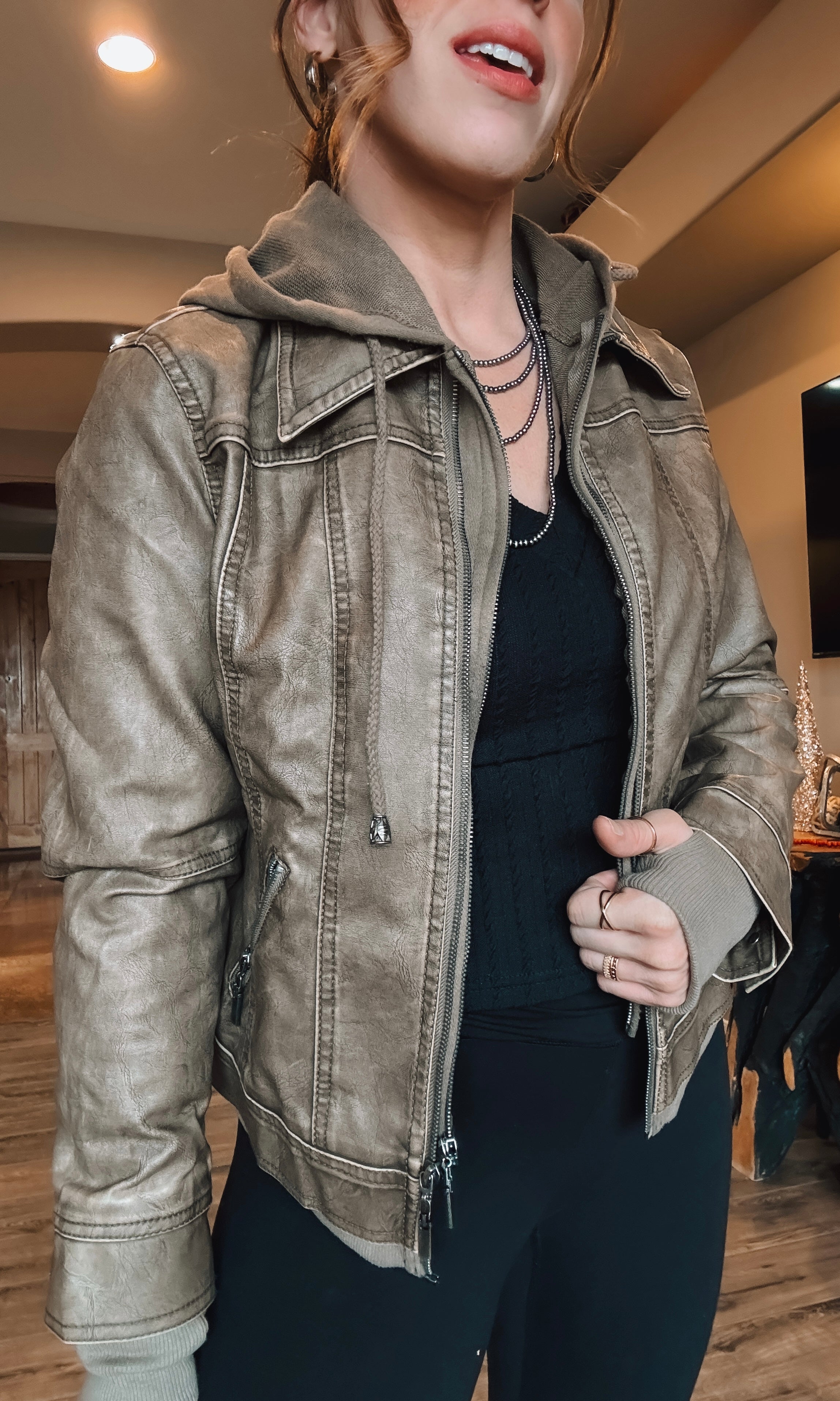 Vegan leather best sale jacket with hood