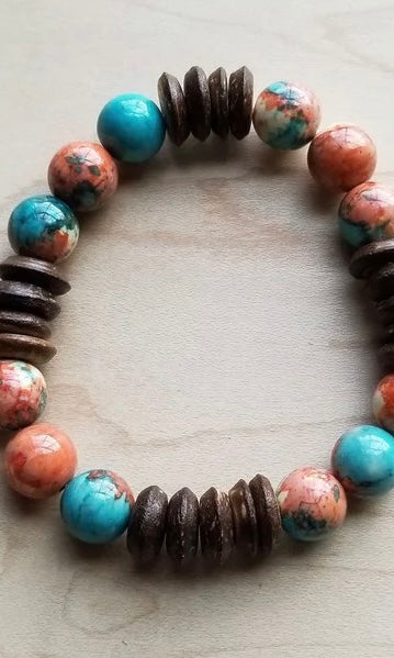 Multi-Colored Turquoise and Wood Stretch Bracelet
