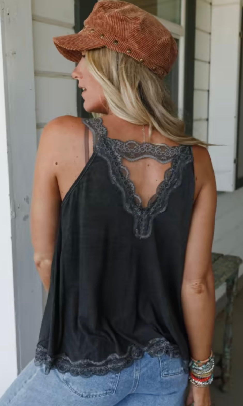 Lace Trim Halter Top with Back Strap