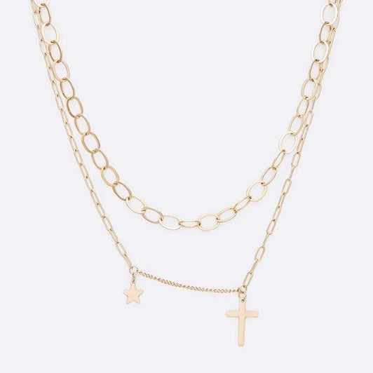 Stainless Steel Cross Star Charm Layered Necklace