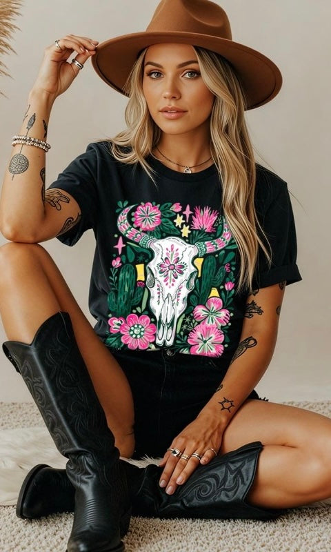 Western Floral Cow Skull Graphic Heavy Cotton Tee