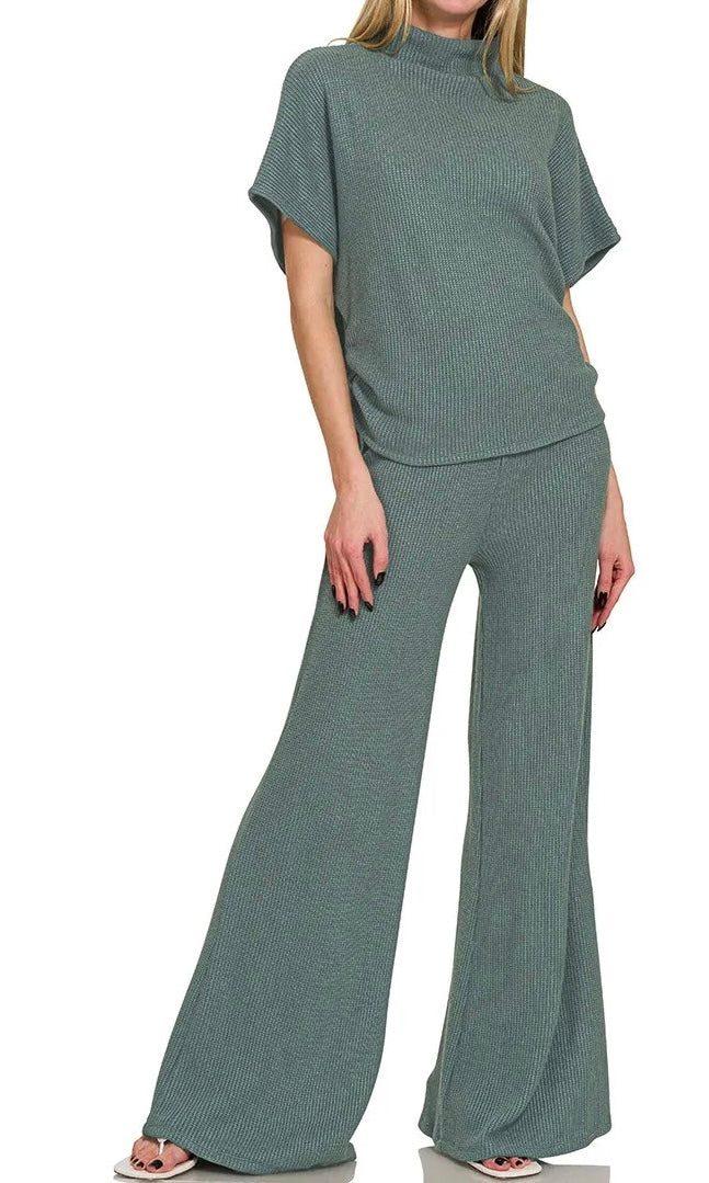 Mock Neck Top and Pants Sweater Set