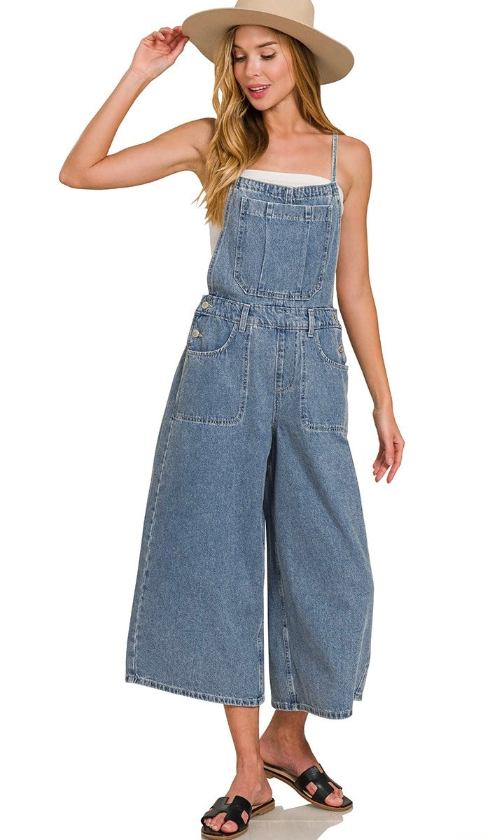 Zenana Denim Medium Washed Wide Leg Overalls