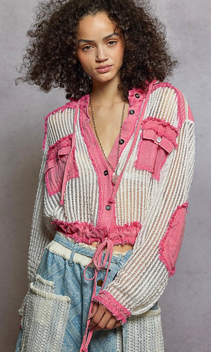 POL Texture Woven Button Down Hooded Shirt with Drawstring Hem