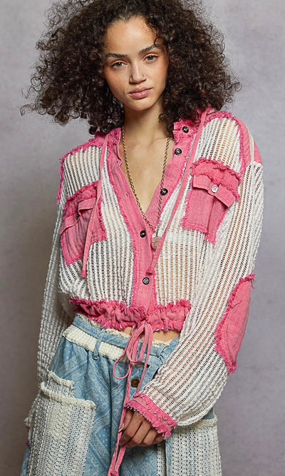 POL Texture Woven Button Down Hooded Shirt with Drawstring Hem