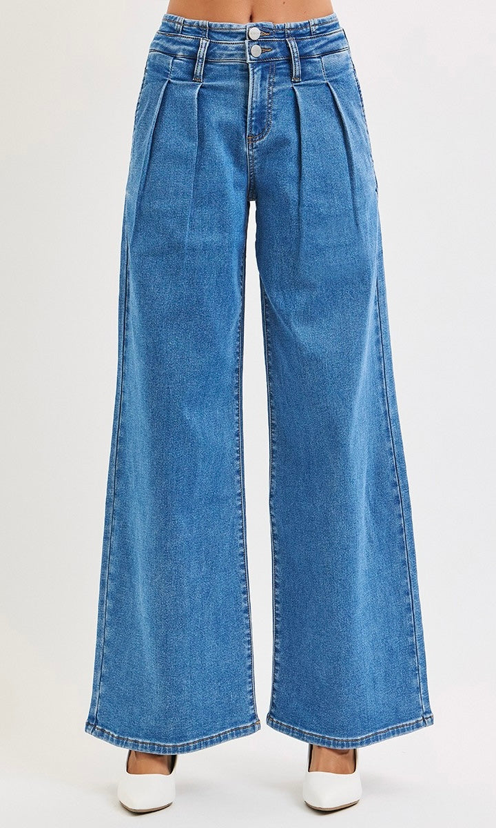 RISEN Mid Rise Fit Wide Leg with Pleated Detail Jeans Plus Size