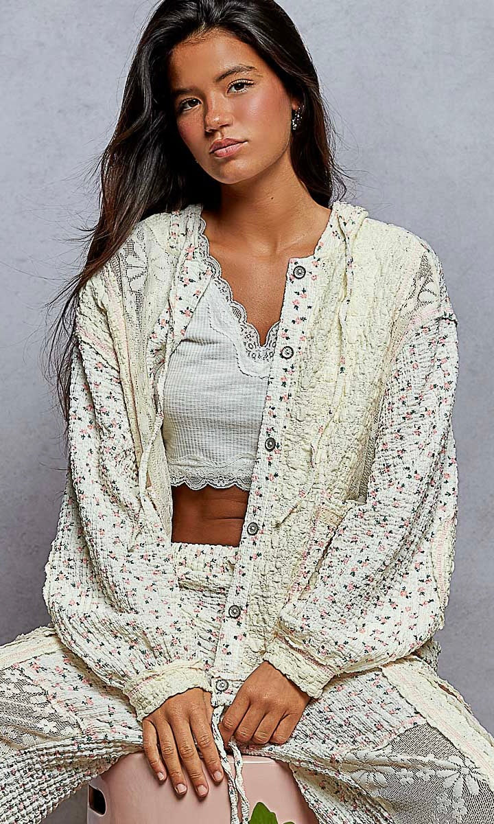 POL Floral Balloon Sleeve Hooded Lace Jacket with Stitch Detail