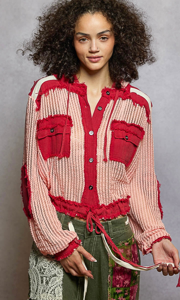 POL Texture Woven Button Down Hooded Shirt with Drawstring Hem