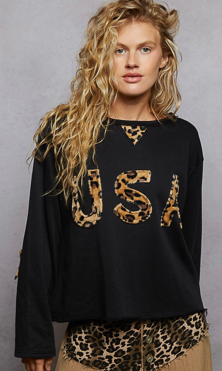 POL Round Neck Long Sleeve French Terry Sweatshirt with USA Letter Animal Patch