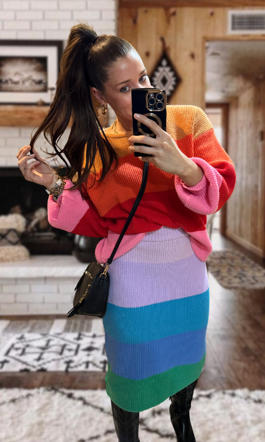 High-Waisted Midi Sweater Multicolor Skirt