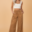Solid Corduroy Buttoned Elastic Waist Wide Leg Pants